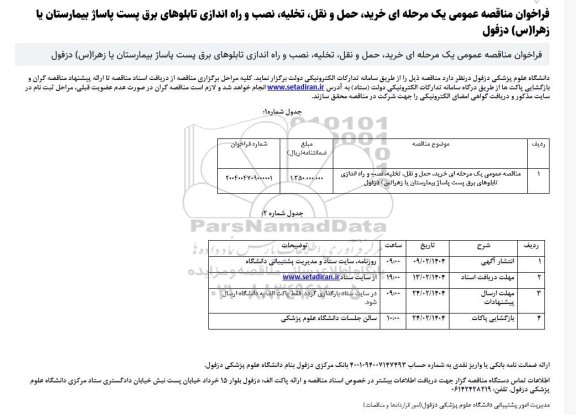 مناقصه خرید، حمل و نقل، تخلیه، نصب و راه اندازی تابلوهای برق پست پاساژ بیمارستان یا زهرا س