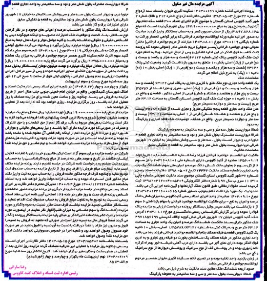 مزایده فروش یک قطعه واحد تجاری به پلاک ثبتی 63122 فرعی از یک اصلی