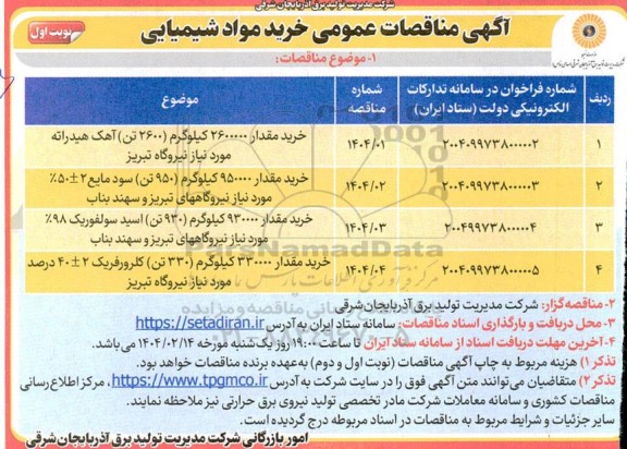 مناقصات عمومی خرید مواد شیمیایی 