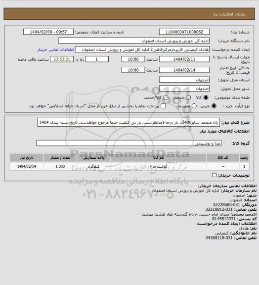 استعلام ران منجمد سایز400گ. بار درجه1مدنظراست. بار بی کیفیت حتما مرجوع خواهدشد. تاریخ بسته بندی 1404