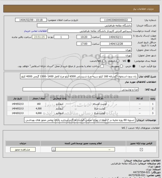 استعلام ران بدون استخوان گوساله 160 کیلو
سینه مرغ شنیسلی 4500 کیلو
مرغ کامل 1400 -1500 گرمی 4000 کیلو