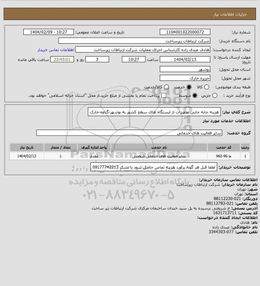 استعلام هزینه جابه جایی تجهیزات از ایستگاه های سطح کشور به بوشهر-گناوه-خارک