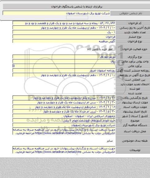 مناقصه, خرید مودم کنتورهای هوشمند فهام ۲ ریلی