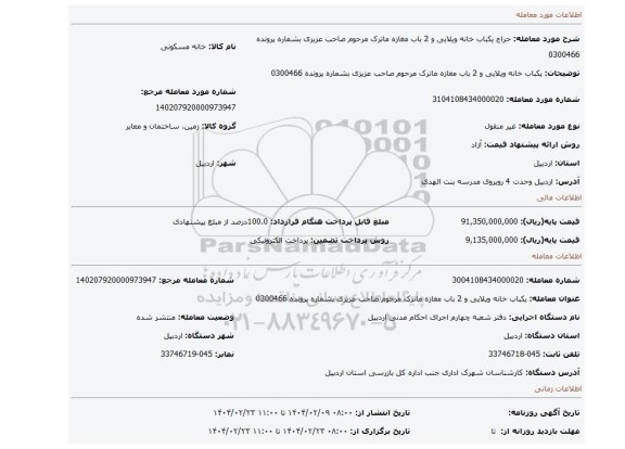 مزایده، یکباب خانه ویلایی و 2 باب مغازه ماترک مرحوم صاحب عزیزی بشماره پرونده 0300466