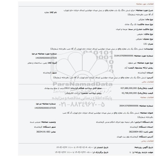 مزایده، شش دانگ یک باب مغازه واقع در نبش میدان جوانشیر ابتدای خیابان حاج ابوتراب آل آقا جنب دفترخانه شماره12