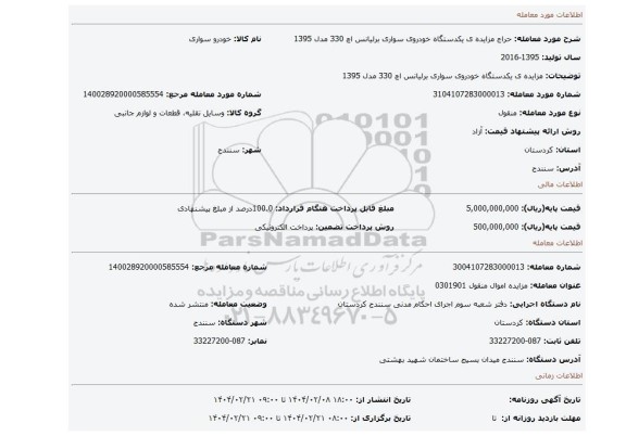 مزایده، مزایده ی یکدستگاه خودروی سواری برلیانس اچ 330 مدل 1395
