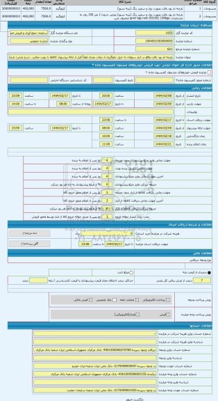 مزایده ، پارچه تار پود بافت واقع در انبار سهلان به دلیل جلوگیری از تبعات بعدی لطفاً قبل از ارائه پیشنهاد کالاها را رویت نمائید.