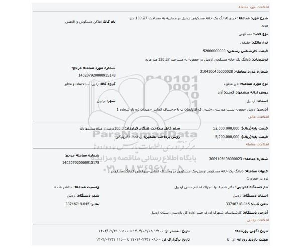 مزایده، 6دانگ یک خانه مسکونی اردبیل در جعفریه به مساحت 130.27 متر مربع