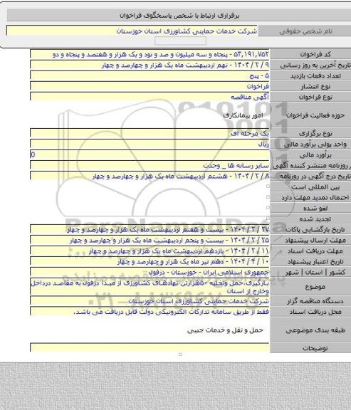مناقصه, بارگیری،حمل وتخلیه ۵۰هزارتن نهادهای کشاورزی از مبدا دزفول به مقاصد درداخل وخارج از استان