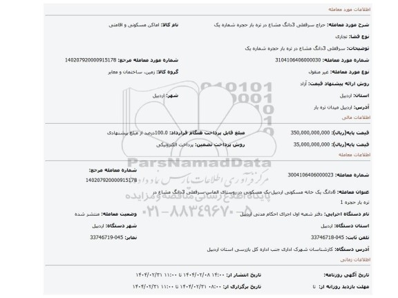 مزایده، سرقفلی 3دانگ مشاع در تره بار حجره شماره یک
