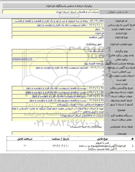 مناقصه, تهیه و اجرای خط انتقال آب خروجی مخزن جمع آوری میگون به مخزن حاج ولی با لوله چدن داکتیل به قطر ۳۰۰ می