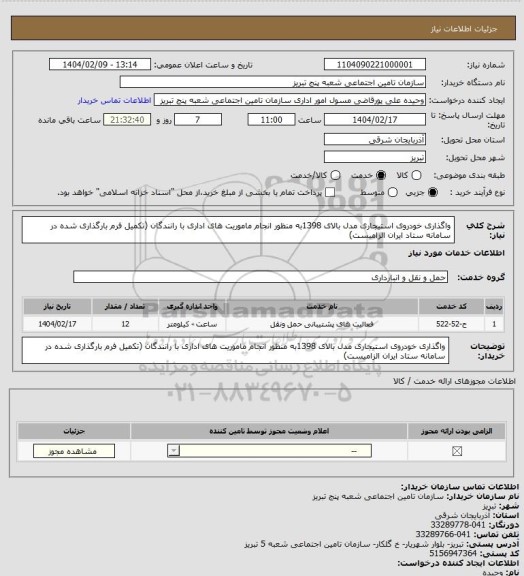 استعلام واگذاری خودروی استیجاری مدل بالای 1398به منظور انجام ماموریت های اداری با رانندگان (تکمیل فرم بارگذاری شده در سامانه ستاد ایران الزامیست)