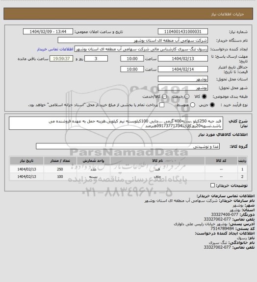 استعلام قند حبه 250کیلو .بسته400'گرمی ...چایی 100کبلوبسته نیم کیلویی.هزینه حمل به عهده فروشنده می باشد.تسویه20روزکاری.09173771734هنرمند