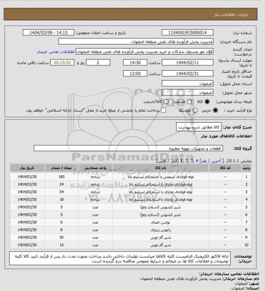 استعلام کالا مطابق شرح پیوست