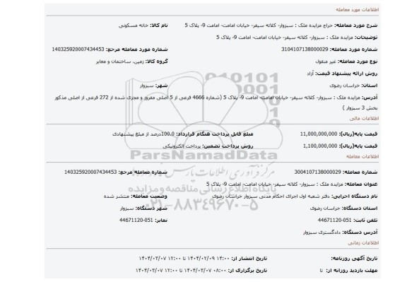 مزایده، مزایده ملک : سبزوار- کلاته سیفر- خیابان امامت- امامت 9- پلاک 5