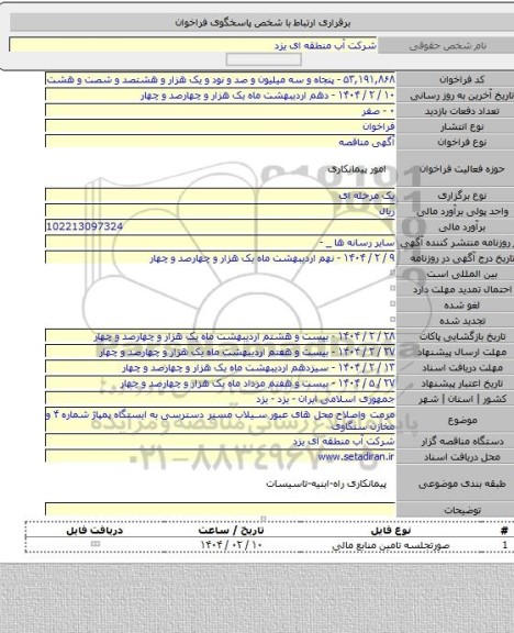 مناقصه, مرمت واصلاح  محل های عبور سیلاب مسیر دسترسی به ایستگاه پمپاژ شماره ۴ و مخازن سنگاوی