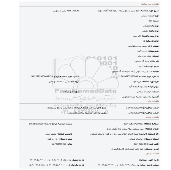 مزایده، زمین مسکونی یکه سعود-خجه گلدی داوری