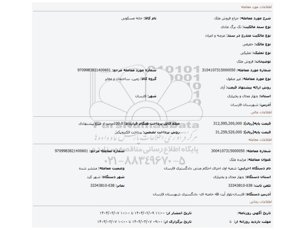 مزایده، فروش ملک
