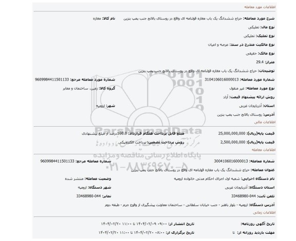 مزایده، حراج ششدانگ یک باب مغازه قولنامه ای واقع در روستای بالانج جنب پمپ بنزین