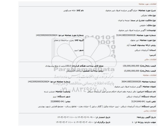 مزایده، آگهـی مـزایده امـوال غیـر منقـول