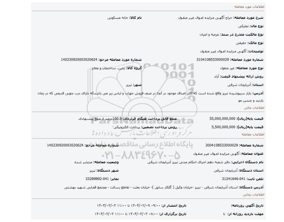 مزایده، آگهـی مـزایده امـوال غیـر منقـول