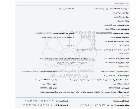 مزایده، سواری پژو 206 اتومات
