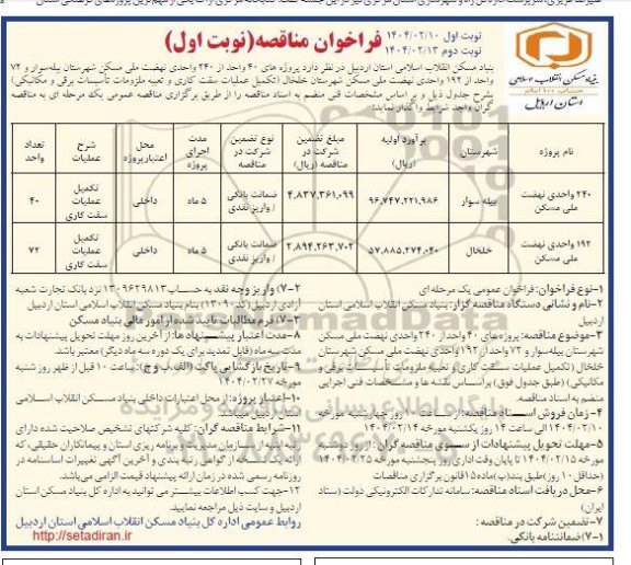 مناقصه  پروژه های 40 واحد از 240 واحدی نهضت ملی مسکن ....