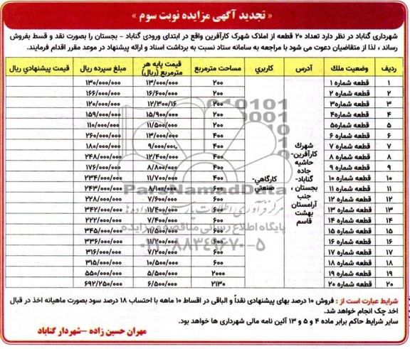تجدید آگهی مزایده فروش تعداد 20 قطعه زمین شهرک کار آفرین- نوبت سوم