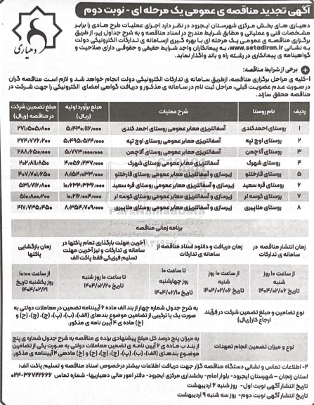 تجدید مناقصه اجرای عملیات طرح هادی 