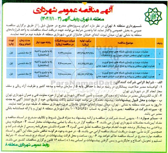 مناقصه عملیات مرمت و بازسازی شبکه های جمع آوری و هدایت آبهای سطحی ...