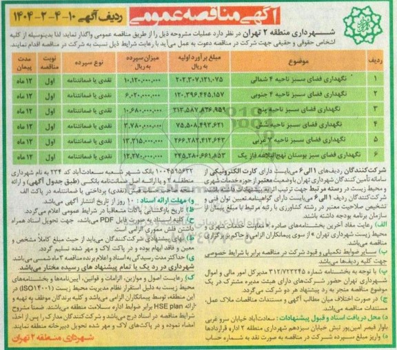 مناقصه نگهداری فضای سبز ناحیه 4..