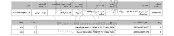 استعلام دیزل ژنراتور 200 KVA جهت نیروگاه خورشیدی