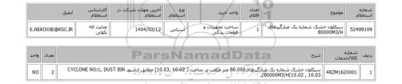 استعلام سیکلون خشک شماره یک غبارگیرهای 80000M3/H
