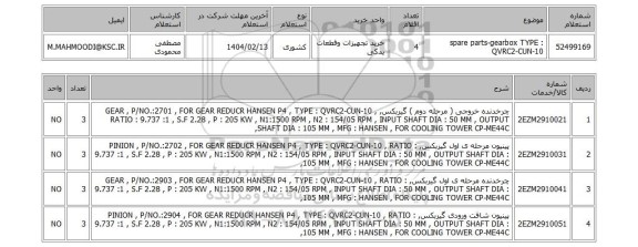 استعلام spare parts-gearbox TYPE : QVRC2-CUN-10