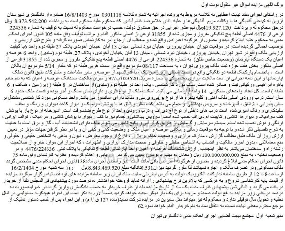 مزایده ملک به شماره 224336 فرعی از 4476 اصلی قطعه پنج تفکیکی مفروز و مجزی شده از 31855 فرعی از اصلی