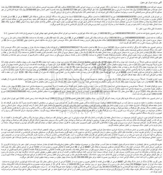 مزایده یک دستگاه آپارتمان مسکونی به پلاک ثبتی 86687 فرعى از 88 اصلى قطعه 1 تفکیکى مفروز و مجزى شده از 72201 فرعى از اصلى
