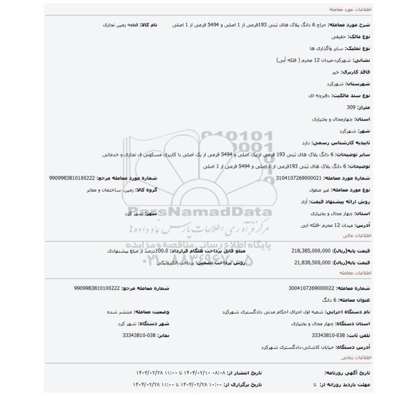 مزایده، 6 دانگ پلاک های ثبتی 193فرعی از 1 اصلی و 5494 فرعی از 1 اصلی