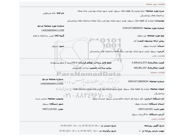 مزایده، مزایده یک قطعه ملک سبزوار- توحید شهر-خیابان بهار-غرب پارک محله-ساختمان های بنیادمسکن