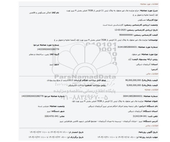 مزایده، مزایده مال غیر منقول به پلاک ثبتی 11 فرعی از 7038 اصلی بخش 4 تبریز نوبت اول (ضمنا تخلیه و تحویل بر ع