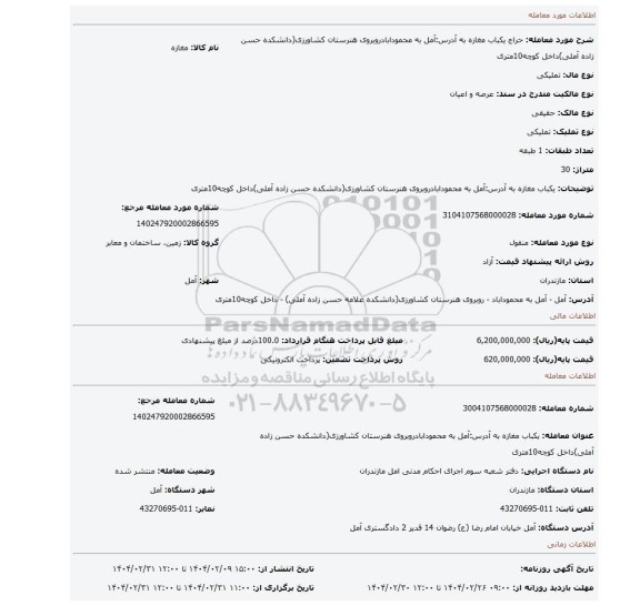 مزایده، یکباب مغازه به آدرس:آمل به محمودابادروبروی هنرستان کشاورزی(دانشکده حسن زاده آملی)داخل کوچه10متری