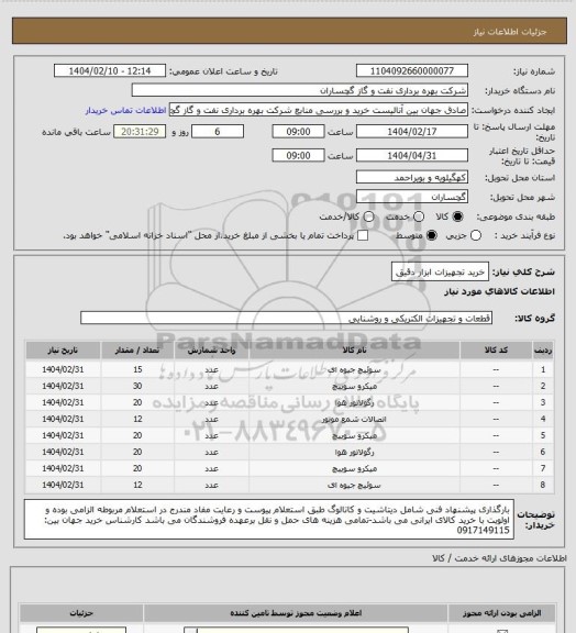 استعلام خرید تجهیزات ابزار دقیق