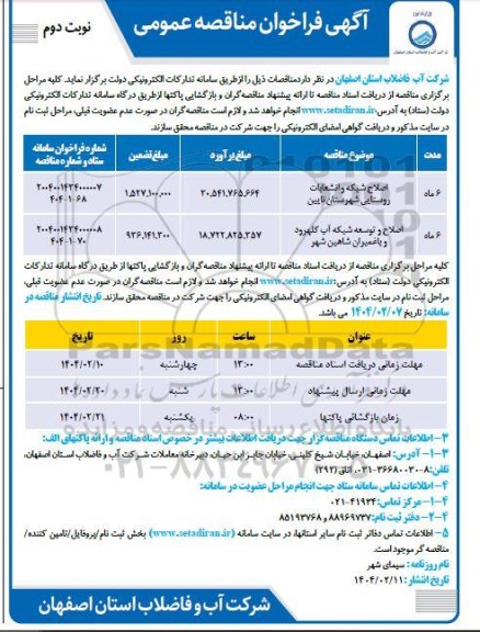 مناقصه اصلاح شبکه و انشعابات روستایی شهرستان نایین...نوبت دوم