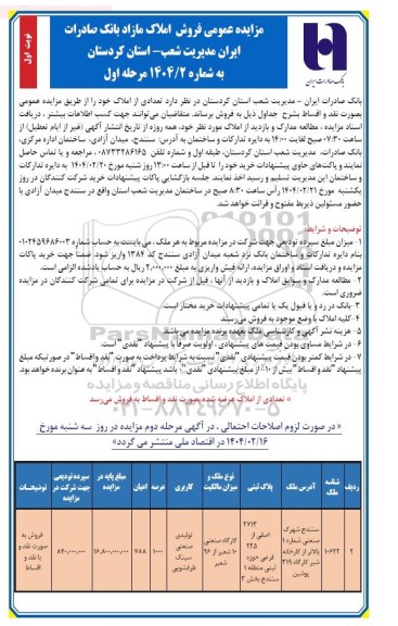 مزایده فروش تعدادی از املاک بانک صادرات