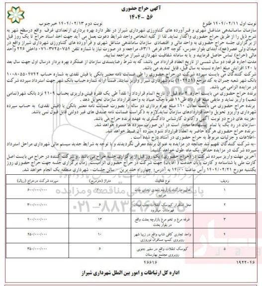 حراج حضوری بهره برداری از تعدادی غرف واقع در سطح شهر