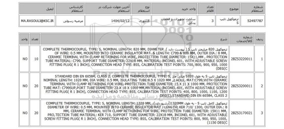 استعلام ترموکوپل تایپ S