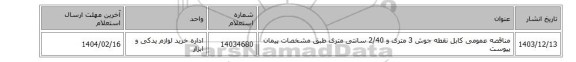 مناقصه عمومی کابل نقطه جوش 3 متری و 2/40 سانتی متری طبق مشخصات پیمان پیوست