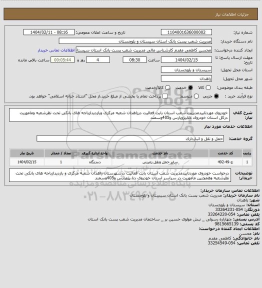 استعلام خودروی موردتاییدمدیریت شعب استان بابت فعالیت درزاهدان شعبه مرکزی وبازدیدازباجه های بانکی تحت نظرشعبه وماموریت درکل استان خودروی دنا،پژوپارس و405وسمند