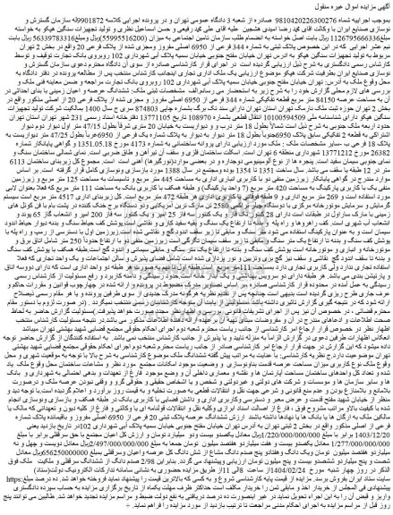 مزایده ششدانگ عرصه و اعیان زمینی با بنای احداثی در آن به مساحت عرصه 84150 متر مربع قطعه تفکیکی شماره 344 فرعی از 6950 اصلی مفروز و مجزی شده از پلاک فرعی 20 از اصلی