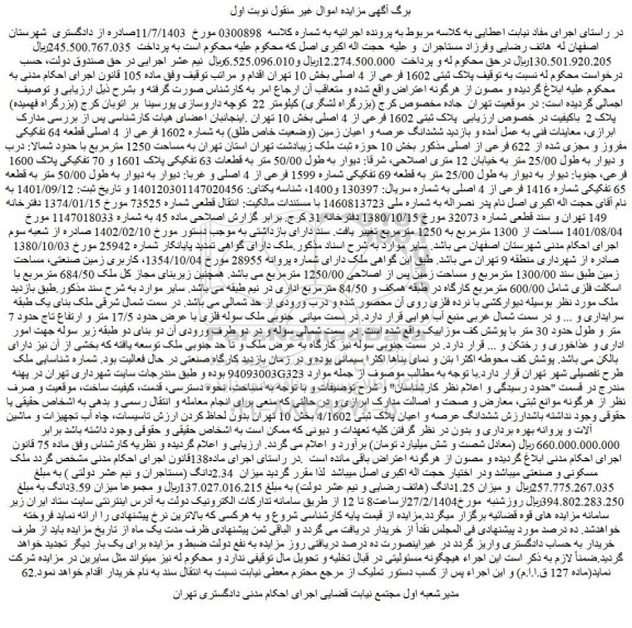 مزایده ششدانگ عرصه و اعیان زمین (وضعیت خاص طلق) به شماره 1602 فرعی از 4 اصلی قطعه 64 تفکیکی مفروز و مجزی شده از 622 فرعی از اصلی