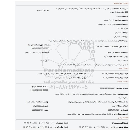 مزایده، فروش ششدانگ عرصه و اعیان یکدستگاه آپارتمان به پلاک ثبتی 11 فرعی از 202 اصلی بخش 3 تهران